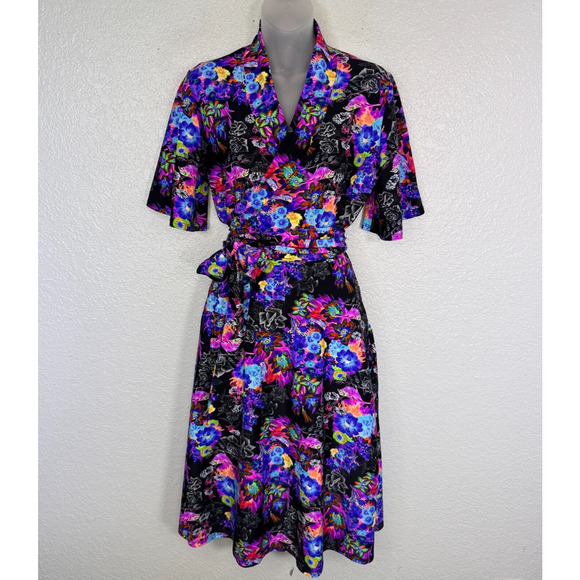 Elhoffer Essentials Wrap Dress Womens Medium Kaleidoscope Flowers Flutter Sleeve - Picture 1 of 13